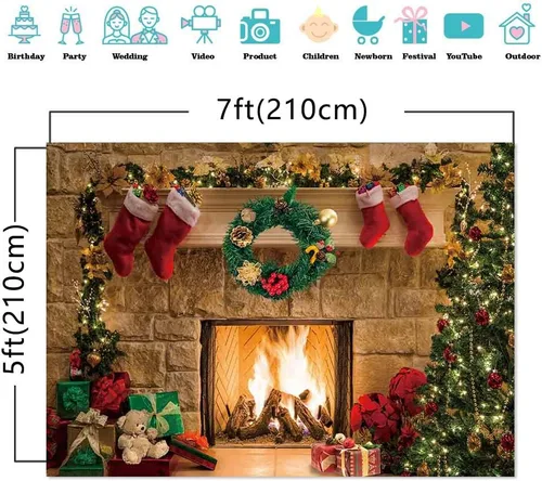 Vista 5 de 7 x 5 pies de fondo de fotografía para el día de Navidad, estilo vintage, chimenea, hoguera, árbol de Navidad, calcetines para reuniones familiares
