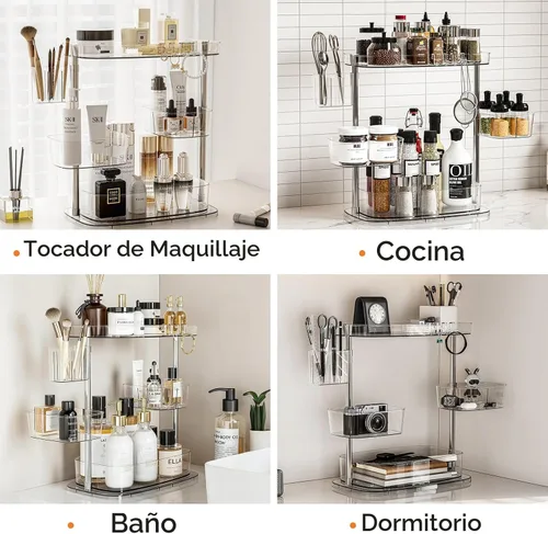 Vista 6 de Organizador de maquillaje giratorio de 360°, organizador de maquillaje con soporte para brochas y soporte de perfume, organizador de mostrador