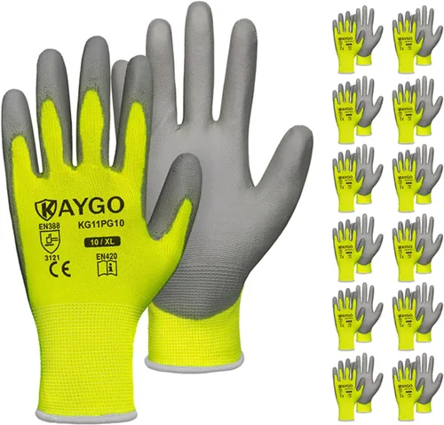 Vista 45 de KAYGO KG11PB - Guantes de trabajo de seguridad con revestimiento de poliuretano, 12 pares de guantes de punto sin costuras para hombres y mujeres