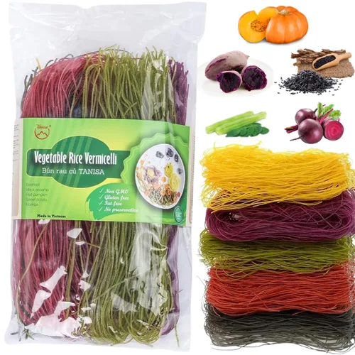 Vista 2 de TANISA 3 paquetes de fideos de arroz Vercimelli vegetales, 5 colores naturalmente vegetales, fideos de arroz finos, fideos sin gluten, sin OMG, sin