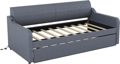 Vista 7 de Sofá cama individual con nido, sofá cama de tapicería con diseño de carga USB, nido puede ser plano o erigido, gris
