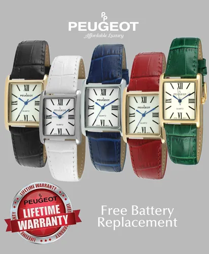 Vista 8 de Peugeot - Reloj de vestir de cuero con forma de tanque para mujer con números romanos, Reloj de vestir sin mangas para mujer