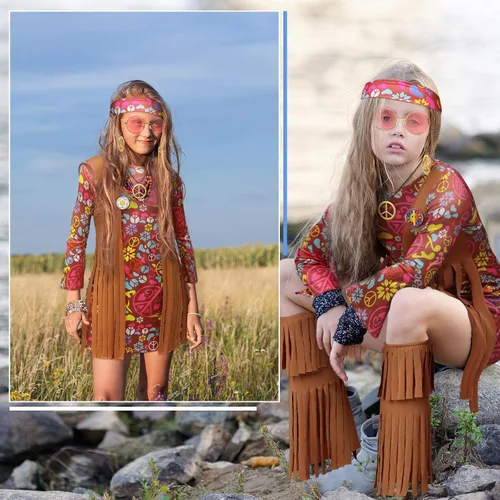 Vista 5 de Conjunto de disfraz hippie para niños de los años 60 y 70 con chaleco, signo de la paz, aretes, collares, diadema, pines hippie y tatuajes
