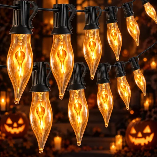 Vista 9 de Couah - Tira de luces de llama parpadeante de Halloween, color naranja, tira de luces C18 parpadeantes de 10 pies, base C18 E12, luces de chimenea