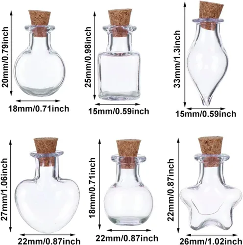 Vista 4 de 25 mini botellas de vidrio con tapas de corcho, 5 formas clásicas, pequeños frascos de vidrio, botellas de deseos, pequeños frascos decorativos