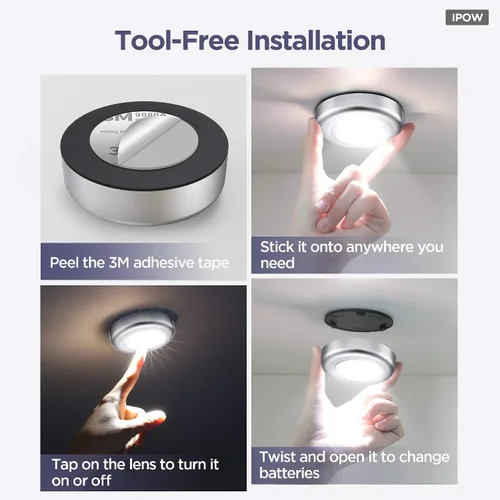 Vista 6 de IPOW Paquete de 5 luces LED inalámbricas de noche con pilas, lámpara táctil adhesiva para armarios, encimeras o cuartos de servicio, luz táctil