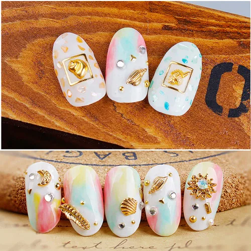 Vista 6 de 12 estilos de tachuelas de metal dorado metálico 3D remaches palmeras tortugas vida marina para verano, playa, océano, manicura, bricolaje, uñas