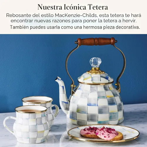 Vista 2 de MACKENZIE-CHILDS - Hervidor de té, 2 cuartos de galón, gris y blanco Diseño pintado a mano, hecho de acero esmaltado con mango de madera, ideal