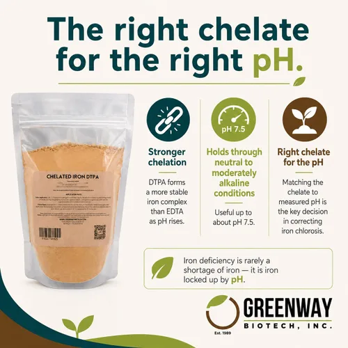 Vista 4 de Greenway Biotech, Inc. Hierro quelado DTPA 11% – para suelos alcalinos (pH 4.0-7.5) – Fertilizante 100% soluble en agua para cítricos, césped e