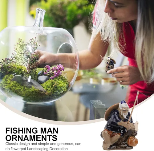 Vista 8 de Cabilock Figura de pescador de cerámica que absorbe el agua, mini adorno de bonsái para acuario y jardín al aire libre, D Cor 2.76 x 1.97 x 1.38