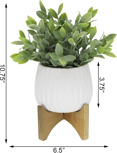 Vista 3 de Hoja de té artificial para plantas en maceta de cerámica Ridge de 5 pulgadas en soporte de madera, blanco mate