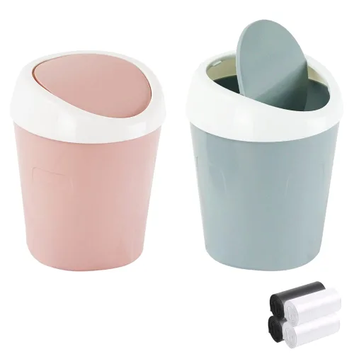 Vista 9 de SITAKE 2 cubos de basura de plástico con 120 bolsas de basura, pequeño cubo de basura de escritorio con tapa abatible para el hogar, oficina