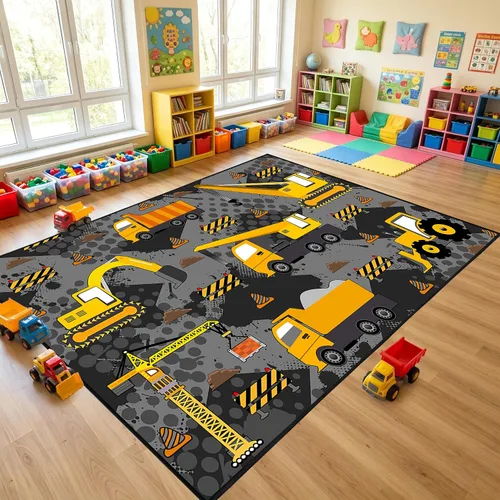 Vista 6 de Alfombra de construcción – Alfombras de construcción para habitación de niños, divertido diseño de camión de dibujos animados, alfombra de coche