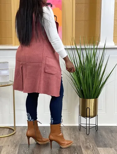 Vista 4 de Suéter largo casual sin mangas para mujer, cárdigan de punto con frente abierto, chaleco con bolsillos