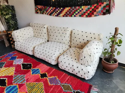 Vista 6 de FoamRush Sofá de 3 plazas con diseño de lunares blancos marroquíes de 8 x 24 x 72 pulgadas, sofá de piso, sofá moderno minimalista, sofá modular