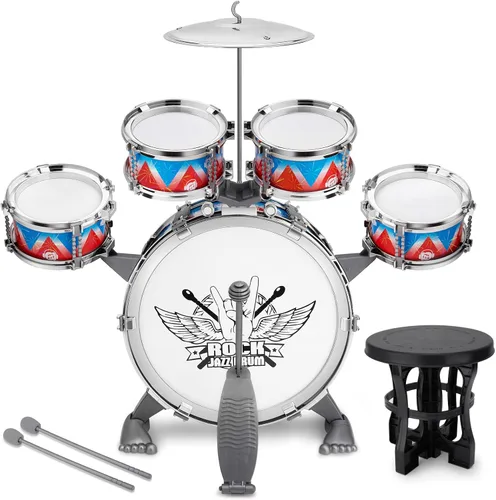 Vista 9 de Juego de batería para niños, 5 piezas, kit de batería de jazz con taburete Azul