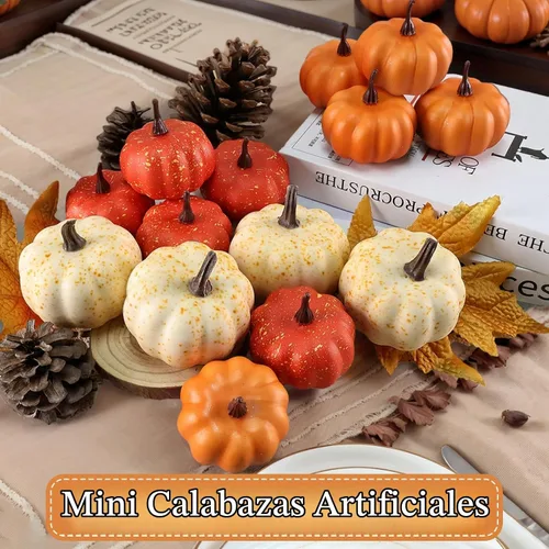 Vista 8 de LZNPA Juego de 16 mini calabazas artificiales artificiales con hojas de otoño, espuma de plástico tallable, pequeñas calabazas blancas