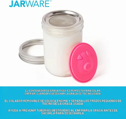 Vista 2 de Jarware Tapa de tarro Mason de silicona para ahorrar grasa de tocino con colador, boca ancha Rosado
