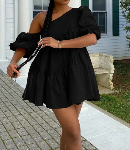 Vista 4 de Vestido corto de manga abombada para mujer, con un hombro descubierto, dobladillo fruncido con volantes, ribete asimétrico, vestido casual bohemio