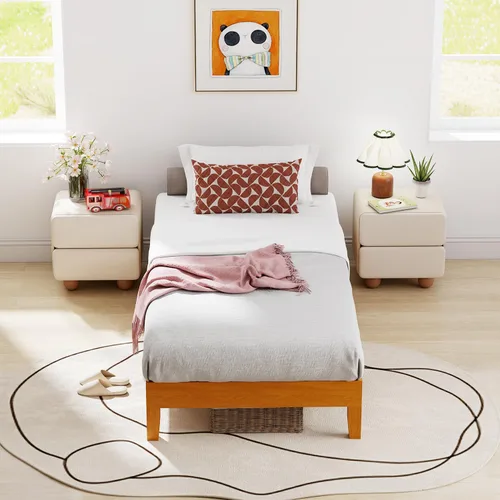 Vista 7 de BLKMTY Marco de cama de madera, cama de tamaño individual, sin plataforma de cabecero, con espacio de almacenamiento inferior, fácil montaje,