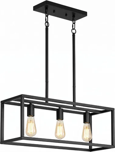 Vista 8 de Iluminación negra para isla de cocina, moderna lámpara rectangular de jaula lineal, 3 luces, lámpara colgante de metal industrial para granja