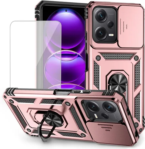 Vista 11 de Funda para Redmi Note 12, Poco X5 5G con protector de pantalla de vidrio templado y cubierta de cámara deslizante, anillo magnético soporte de Verde