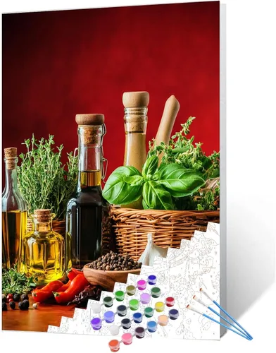 Vista 8 de Variedad de especias y hierbas, kits de pintura por números con pinceles, condimentos de cocina, pintura al óleo acrílica para adultos y niños