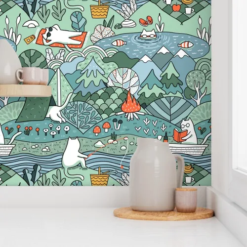Vista 8 de Papel tapiz para despegar y pegar – Day Lake restaura la naturaleza, animales, gatos, picnic de verano, gatos, papel tapiz extraíble personalizado