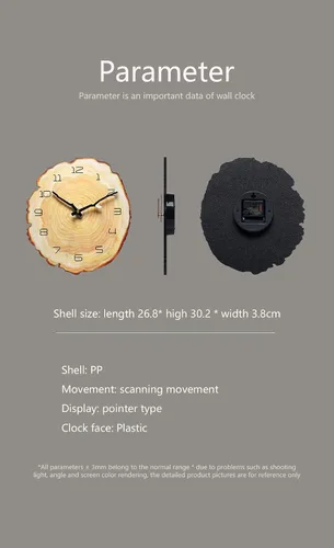 Vista 5 de Reloj de pared anual de 12 pulgadas, reloj de tocón de grano de madera con números arábigos, funciona con pilas, movimiento de cuarzo silencioso