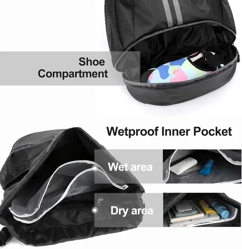 Vista 4 de Hoedia Mochila deportiva con cordón, bolsa de gimnasio con compartimento para zapatos y bolsillo a prueba de humedad para mujeres y hombres