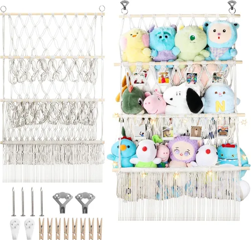 Vista 9 de Red de almacenamiento de animales de peluche de 2 niveles, 17 x 32 pulgadas, organizador grande de animales de peluche para pequeños rellenos