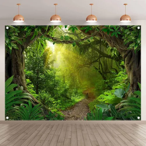 Vista 2 de Telón de fondo de fotografía de bosque de selva tropical de 7 x 5 pies, paisaje natural, safari, decoración de fiesta para niños y adultos