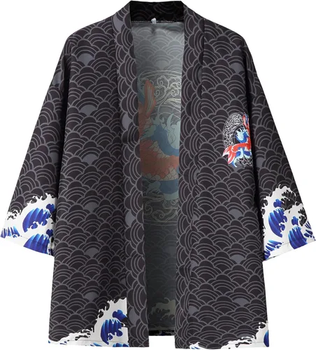 Vista 3 de PRIJOUHE Kimono japonés para hombre holgado frente abierto manga de siete mangas kimono con pantalones cortos