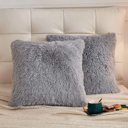 Vista 39 de LIFEREVO Paquete de 2 fundas de almohada de piel sintética, serie de lujo decorativa para el hogar de felpa peluda, funda de almohada peluda súper