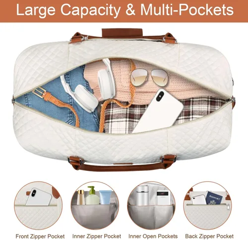 Vista 5 de Bolsa de fin de semana para mujer, bolsa de viaje de nailon, con compartimento para zapatos, tamaño grande 1-beige