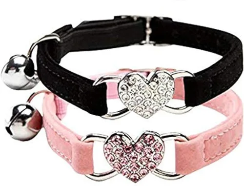 Vista 4 de CHUKCHI Collar de gato con corazón brillante con cinturón de seguridad y campana de 8 a 11 pulgadas