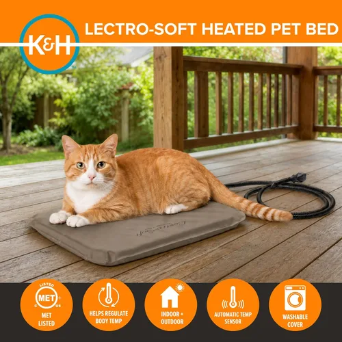 Vista 2 de Cama climatizada electrónica K&H, suave e ideal para exteriores (incluye funda), Bronceado