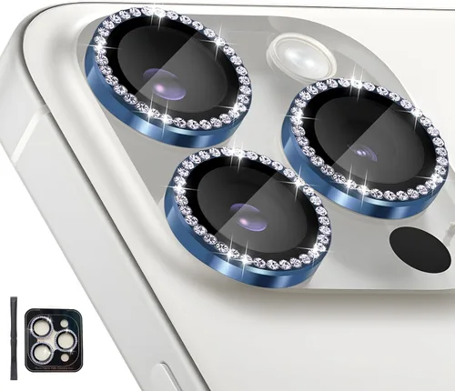 Vista 15 de Protector de lente de cámara para iPhone 15 Pro/15 Pro Max, protector de lente de anillo de cámara de vidrio templado individual con bandeja