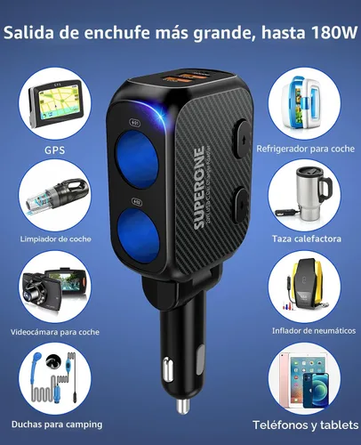 Vista 3 de SUPERONE Divisor de encendedor de cigarrillos de 180 W con PD de 20 W, adaptador de encendedor de cigarrillos de 2 enchufes, cargador rápido USB C