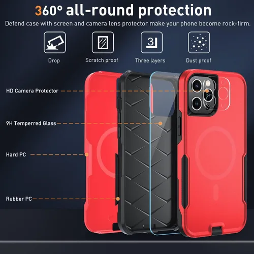 Vista 5 de Xmon Funda magnética para iPhone 12 Pro Max [probada contra caídas de grado militar y con MagSafe] Protector de pantalla de vidrio templado