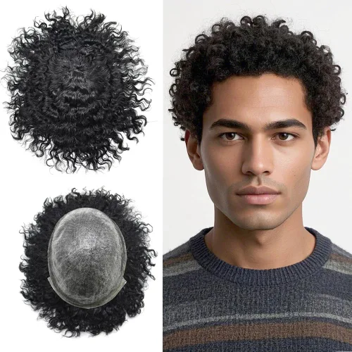 Vista 13 de Afro Toupee para hombres negros, 0.004 in de piel fina sistema de pelo PU para hombres, pieza de cabello humano Remy brasileño para hombres, rizado