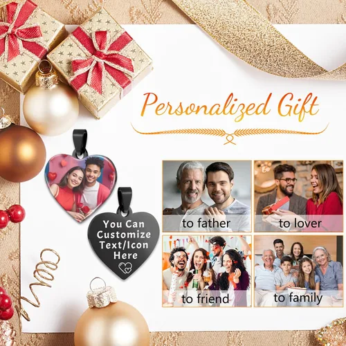 Vista 6 de Collar con Foto Personalizada, Collar Personalizado para Hombres, Collar Grabado Personalizado con Foto y Texto, Regalos Conmemorativos