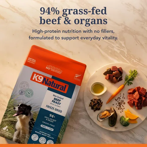 Vista 4 de K9 Natural Carne Liofilizada para Perros, Comida Completa Natural de Alta Carne o Aditivo para Comida para Perros, Carne Alimentada con Pasto