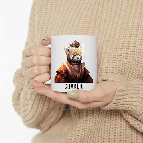 Vista 3 de Taza de café con nombre personalizado de panda menor rojo renacentista, taza de cerámica blanca, 11 onzas, regalos para amantes de los animales
