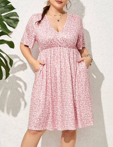 Vista 3 de ShopWonder Vestido de talla grande para mujer, con cuello en V, acampanado, largo hasta la rodilla, vestido de fiesta, minivestido de fiesta