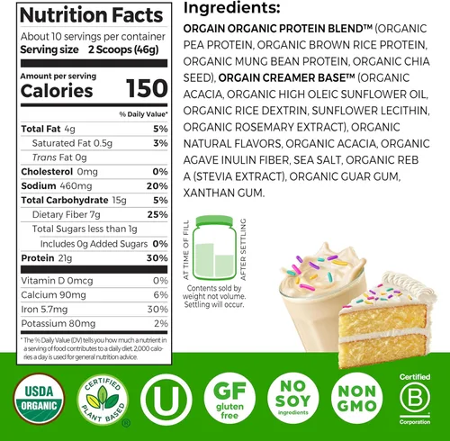 Vista 2 de Orgain - Proteína vegana orgánica en polvo, pastel de cumpleaños - 21g de proteína a base de plantas, 7g de fibra prebiótica, bajo en carbohidratos