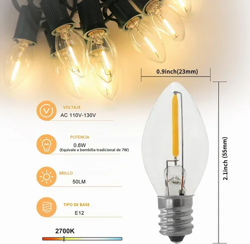 Vista 4 de KGC Cable de Accesorios C7 con 2 Bombillas LED C7 Base Candelabro E12 con Casquillo, Cable Blanco con Interruptor de Encendido/Apagado y Enchufes
