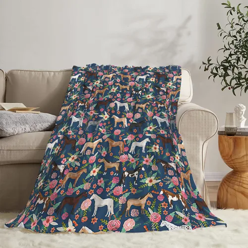 Vista 2 de Manta de caballo para niñas y mujeres, manta de franela de forro polar de animales del oeste, suave y ligera, manta de felpa azul para niños