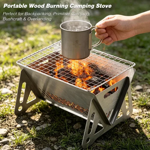 Vista 4 de Estufa de camping portátil 2 en 1 y parrilla de carbón para mochileros