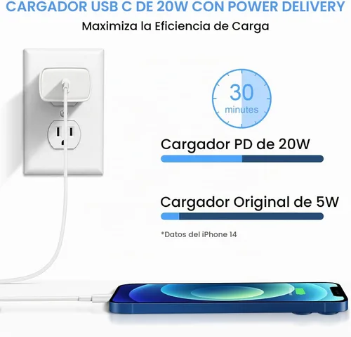 Vista 2 de Cargador para iPhone 14 13 12 de carga rápida de 20 W PD USB C cargador de pared con cable de carga rápida de 6 pies compatible con iPhone Blanco